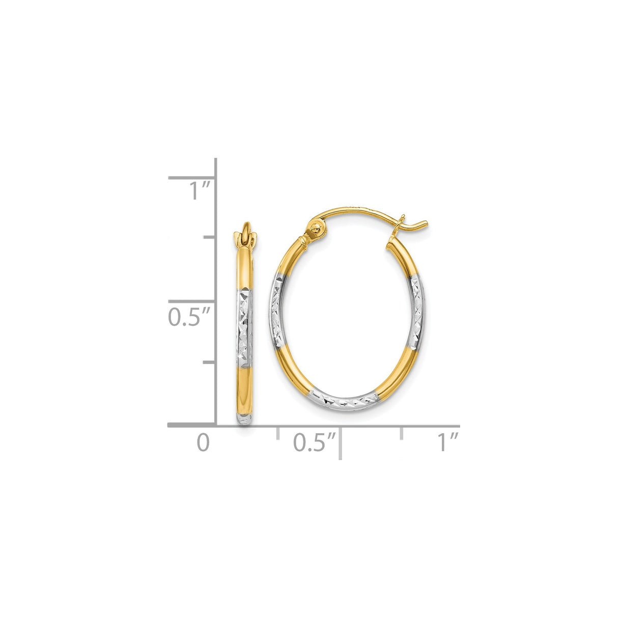 14k Yellow Gold Hoop Earrings, Two-Tone Rhodium Diamond Cut Polished Finish, Lightweight Design