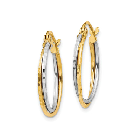 14k Yellow Gold Hoop Earrings, Two-Tone Polished and Hammered Finish, Lightweight Modern Style