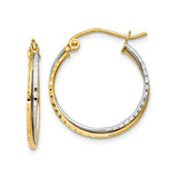 14k Yellow Gold Hoop Earrings, Two-Tone Polished and Hammered Finish, Lightweight Modern Style