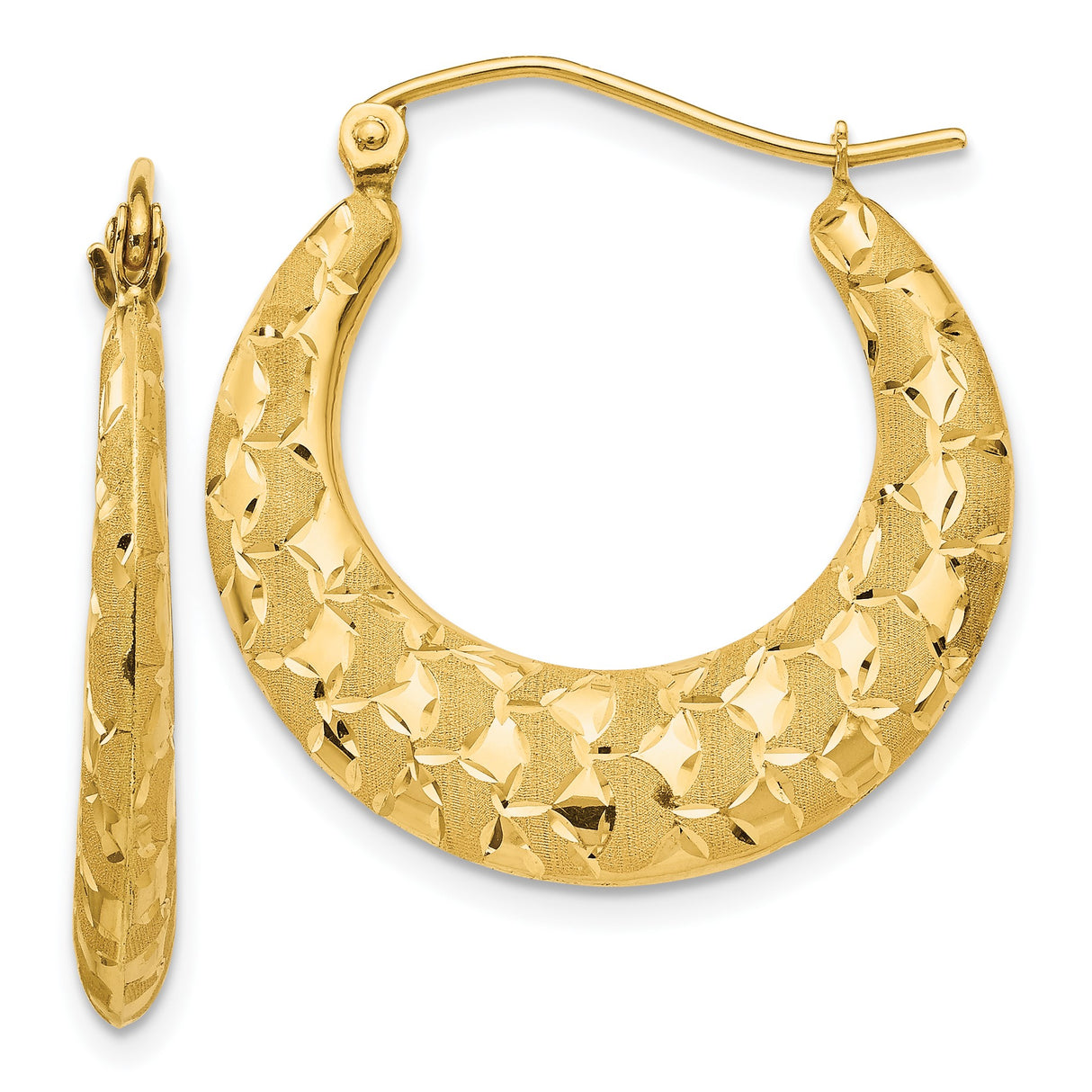 14k Yellow Gold Hoop Earrings with Diamond Cut Pattern, Textured Lightweight Hollow Design