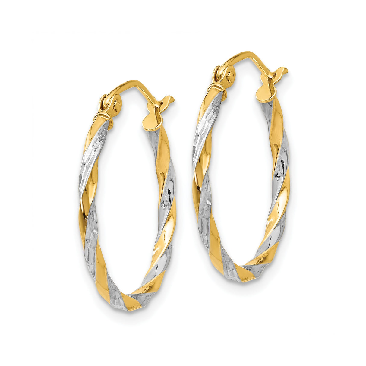 14k Yellow Gold Two Tone Twisted Hoop Earrings with Diamond Cut Finish, Lightweight Modern Design
