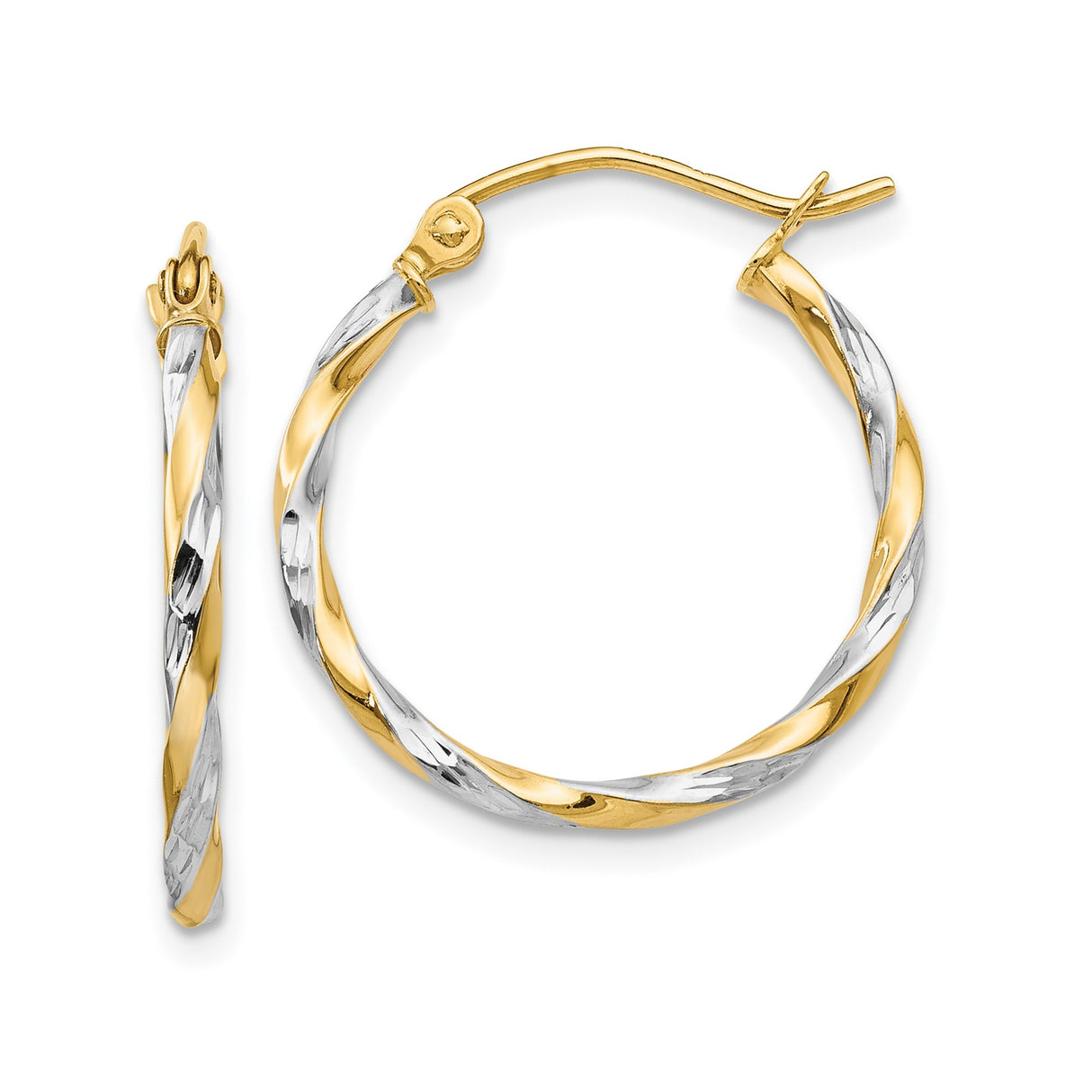 14k Yellow Gold Two Tone Twisted Hoop Earrings with Diamond Cut Finish, Lightweight Modern Design