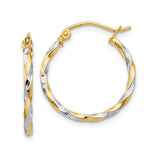 14k Yellow Gold Two Tone Twisted Hoop Earrings with Diamond Cut Finish, Lightweight Modern Design