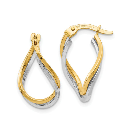 14k Yellow Gold Twisted Teardrop Hoop Earrings with Interwoven Two-Tone Strands for Women