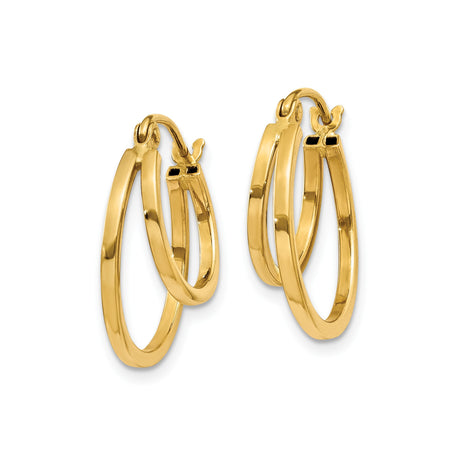 14k Yellow Gold Double Hoop Earrings, Layered Modern Design, High-Polish Finish, Hinged Closure