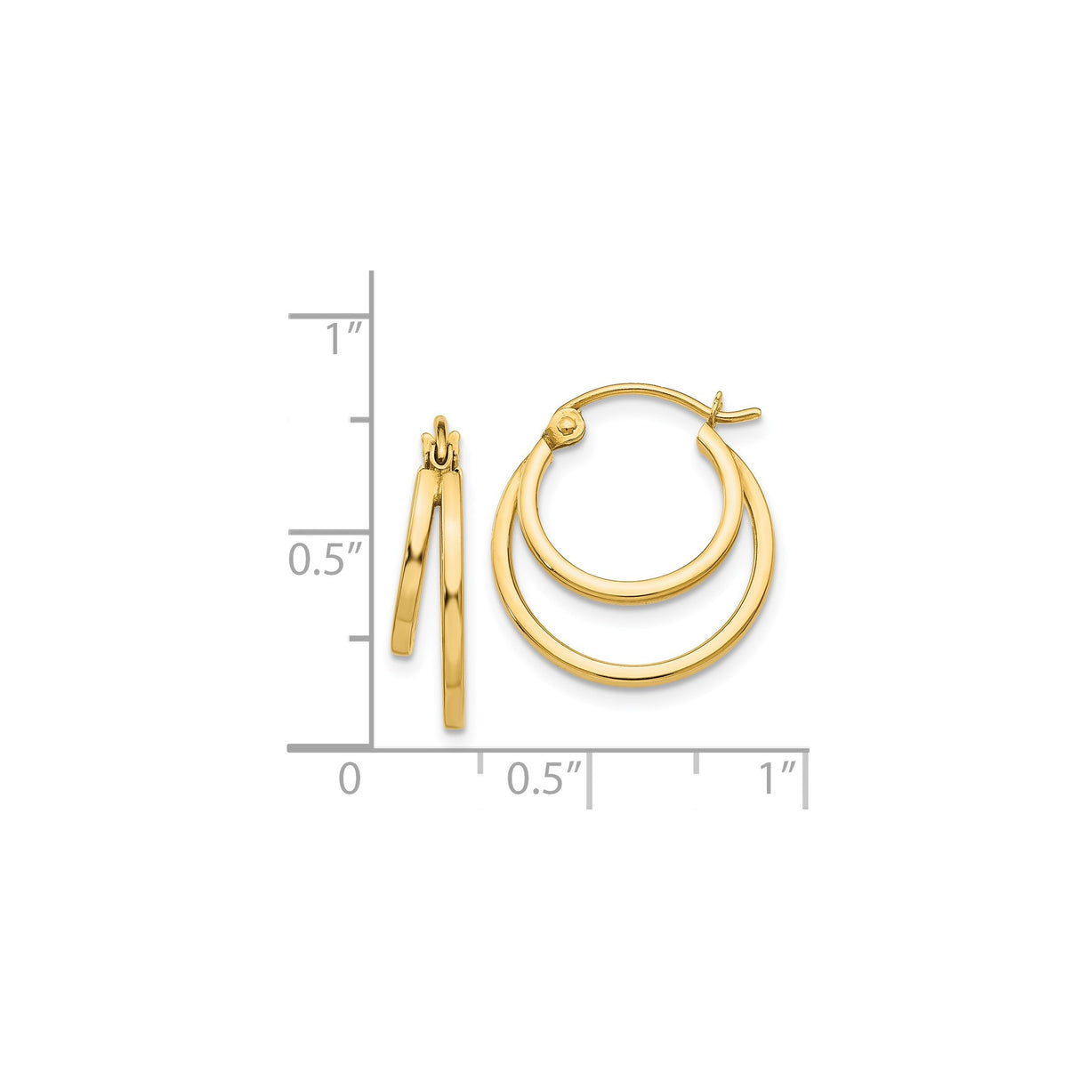 14k Yellow Gold Double Hoop Earrings, Layered Modern Design, High-Polish Finish, Hinged Closure
