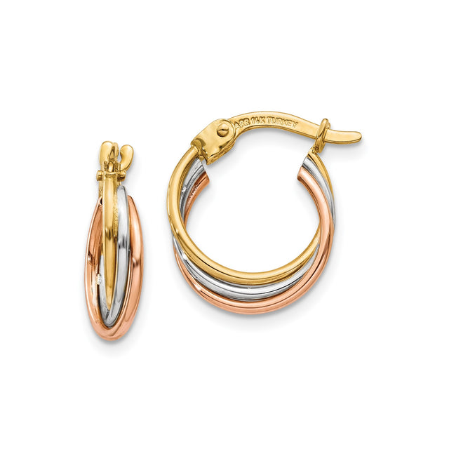 14k Tri Color Gold Hoop Earrings, Oval Twist Intertwined Design for Women