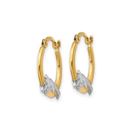 14k Yellow Gold Dolphin Hoop Earrings, Two-Tone Mother and Baby Design, Ocean Theme Jewelry