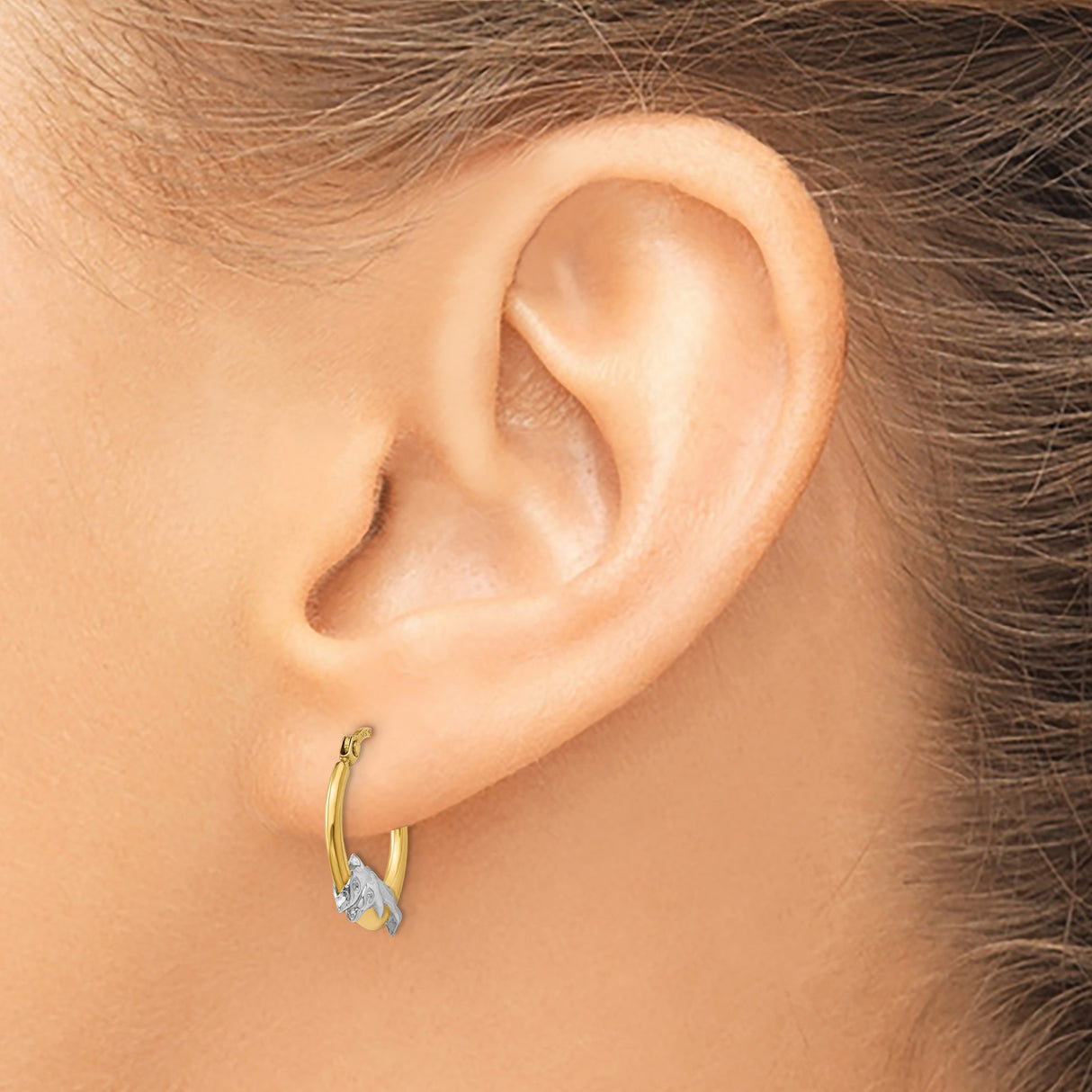 14k Yellow Gold Dolphin Hoop Earrings, Two-Tone Mother and Baby Design, Ocean Theme Jewelry