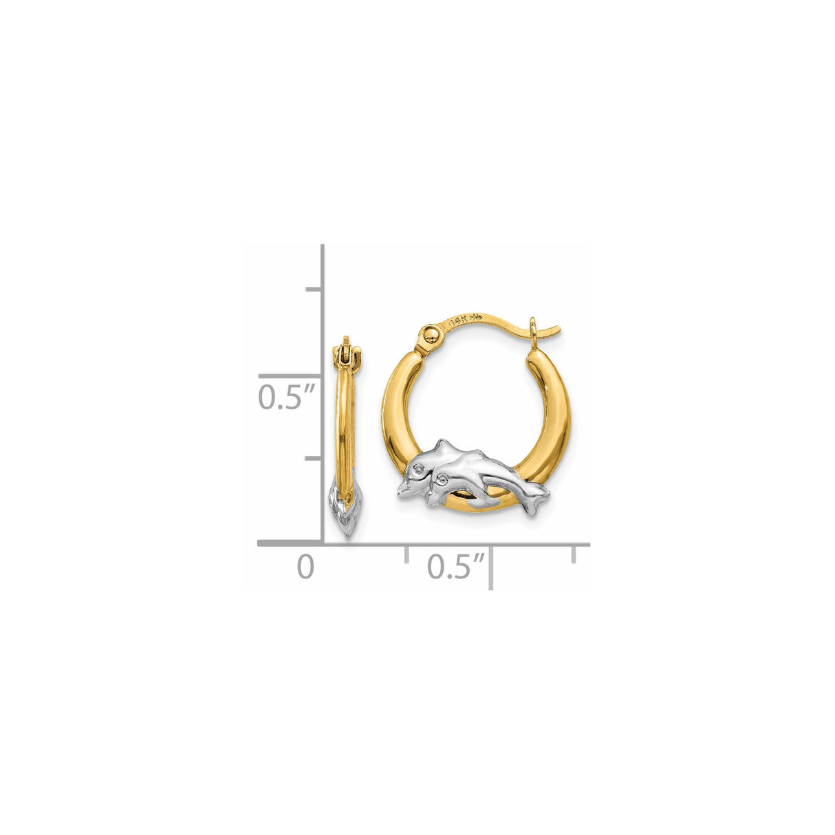 14k Yellow Gold Dolphin Hoop Earrings, Two-Tone Mother and Baby Design, Ocean Theme Jewelry