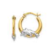 14k Yellow Gold Dolphin Hoop Earrings, Two-Tone Mother and Baby Design, Ocean Theme Jewelry