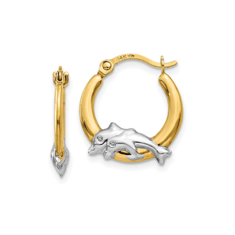 14k Yellow Gold Dolphin Hoop Earrings, Two-Tone Mother and Baby Design, Ocean Theme Jewelry