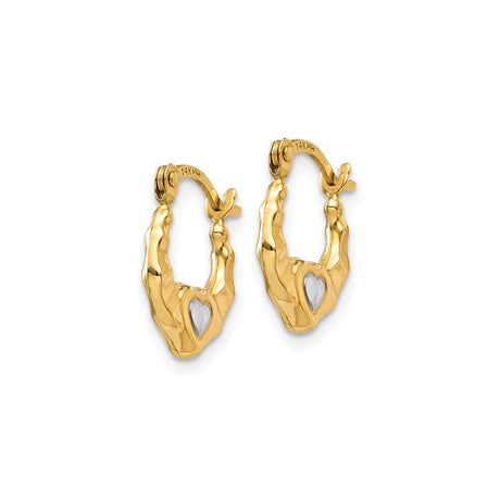 14k Yellow Gold Hoop Earrings with Heart Shaped Center, Two Tone Design for Women