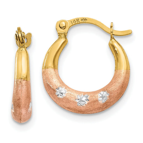 14k Yellow Gold Hoop Earrings with Brushed and Polished Finish, Two-Tone Starburst Design