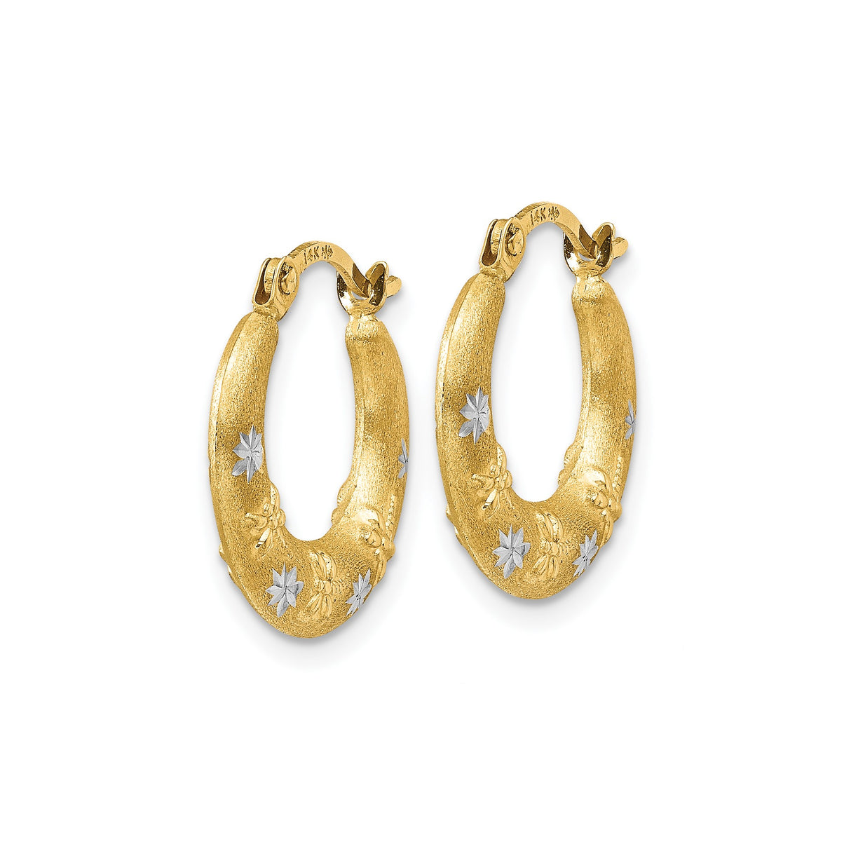 14k Yellow Gold Hoop Earrings with Rhodium, Floral and Starburst Pattern, Textured Finish for Women
