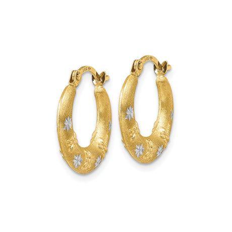 14k Yellow Gold Hoop Earrings with Rhodium, Floral and Starburst Pattern, Textured Finish for Women