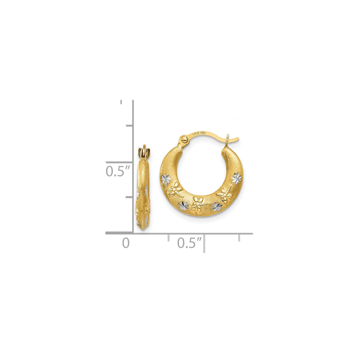 14k Yellow Gold Hoop Earrings with Rhodium, Floral and Starburst Pattern, Textured Finish for Women