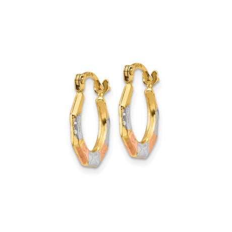 14k Tri-Color Gold Hoop Earrings, Octagonal Faceted Design with Rhodium Texture