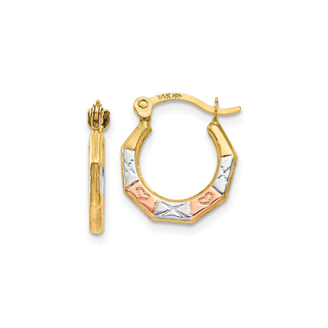 14k Tri-Color Gold Hoop Earrings, Octagonal Faceted Design with Rhodium Texture