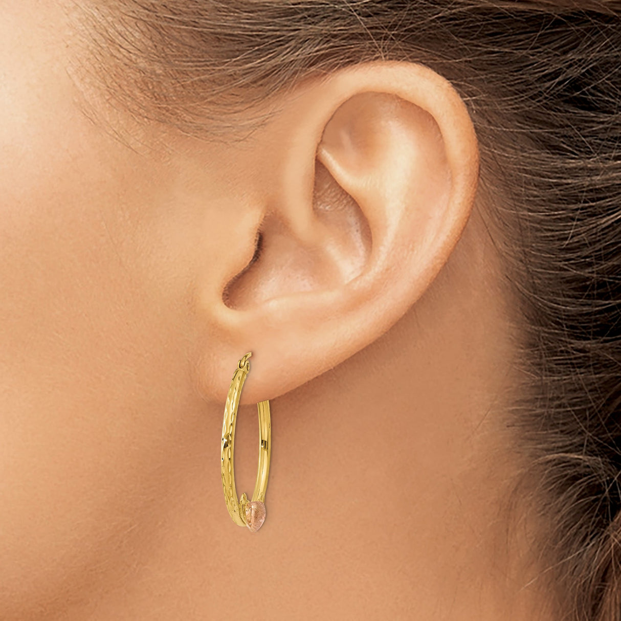 14k Yellow Gold Hoop Earrings with Rose Gold Heart Accent and Textured Scroll Design