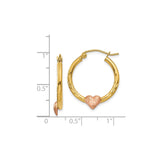 14k Yellow Gold Hoop Earrings with Two-Tone Rose Heart Accent and Starburst Engraving