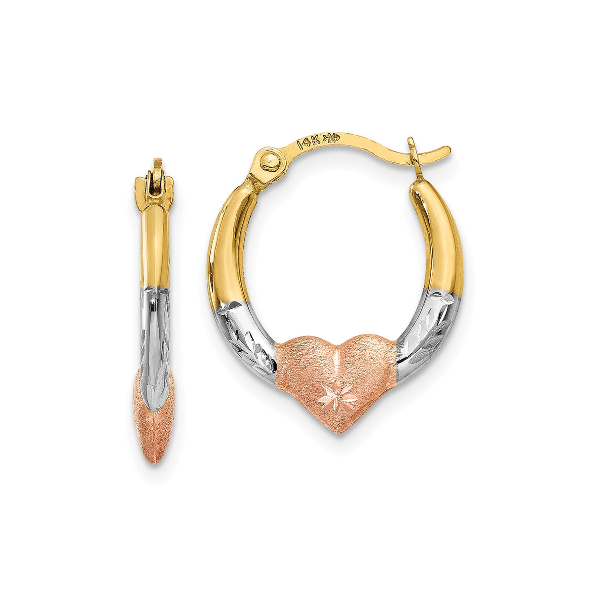 14k Tri-Color Gold Hoop Earrings with Starburst Heart Design for Women