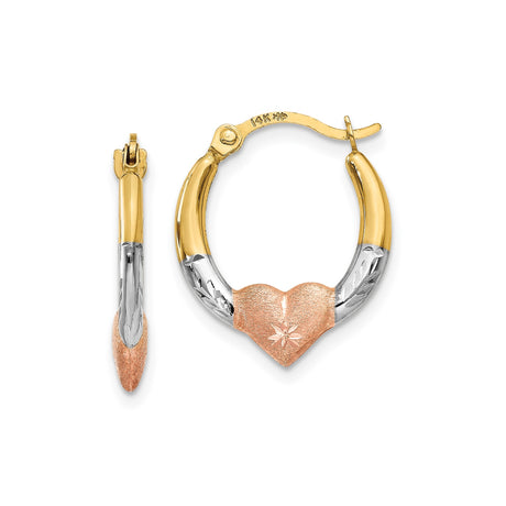 14k Tri-Color Gold Hoop Earrings with Starburst Heart Design for Women