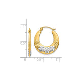 14k Yellow Gold Hoop Earrings with Embossed Floral Design, Polished Two-Tone Flower Motif