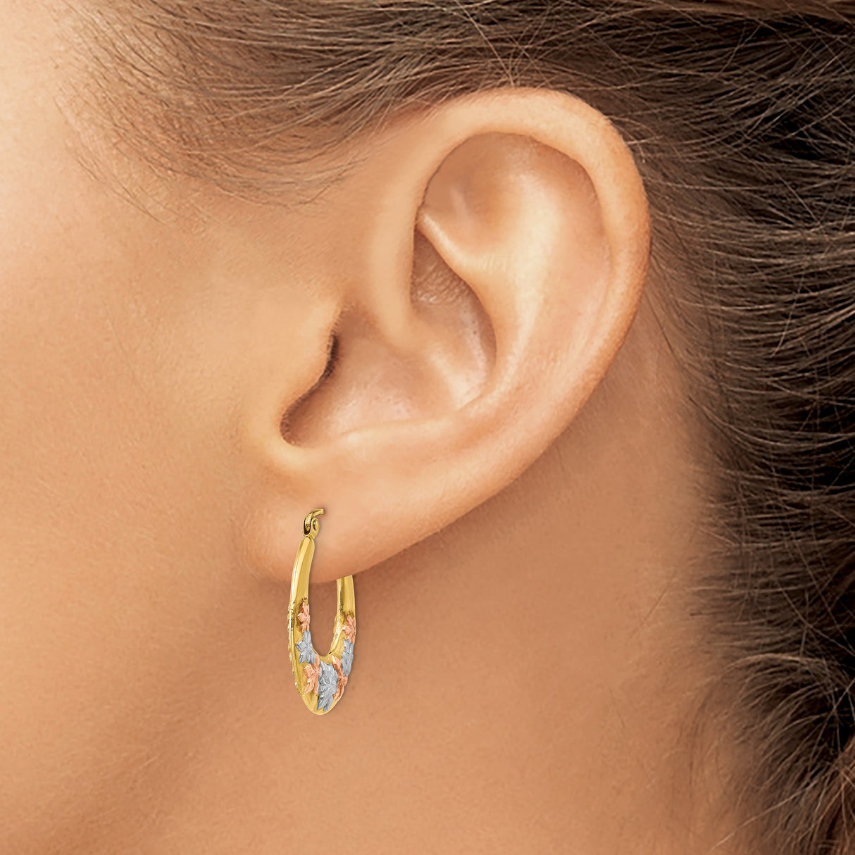 14k Yellow Gold Hoop Earrings with Tri-Color Floral Accents in Rose and White Gold