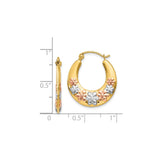 14k Yellow Gold Hoop Earrings with Tri-Color Floral Accents in Rose and White Gold