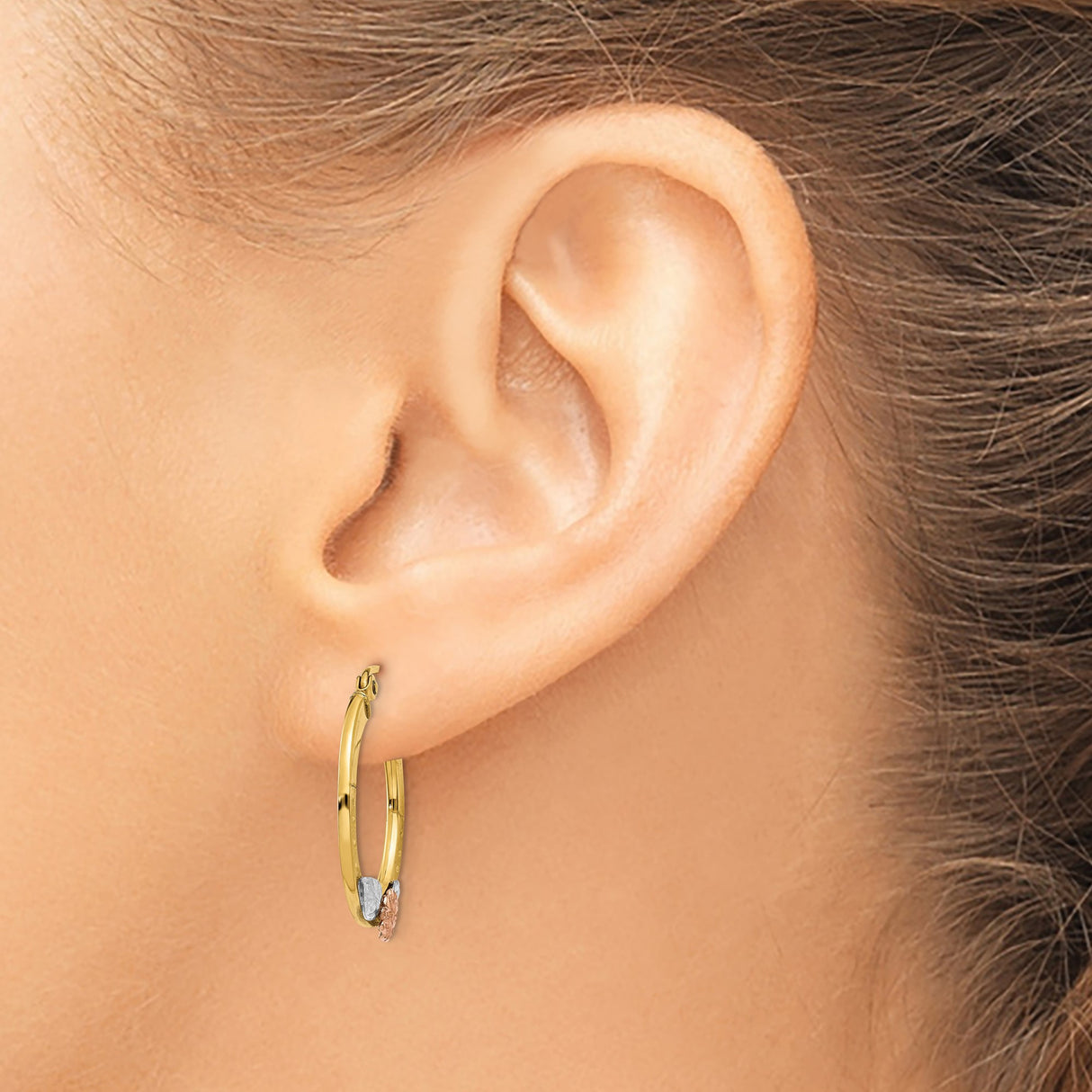 14k Two Tone Gold Hoop Earrings with Rose Gold Flower and White Gold Leaf Design