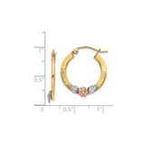 14k Two Tone Gold Hoop Earrings with Rose Gold Flower and White Gold Leaf Design