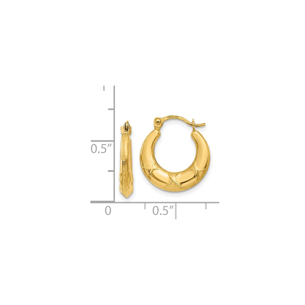 14k Yellow Gold Hoop Earrings, Puffed Textured Design with Subtle Cross Detail for Women