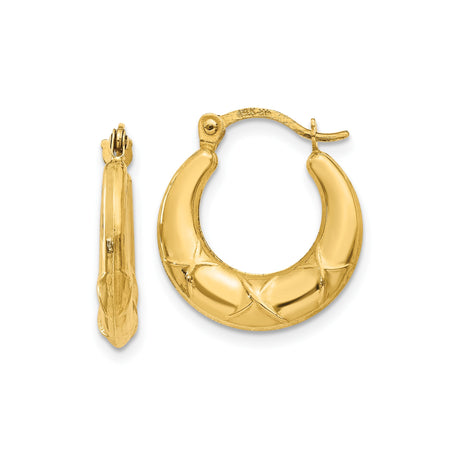 14k Yellow Gold Hoop Earrings, Puffed Textured Design with Subtle Cross Detail for Women