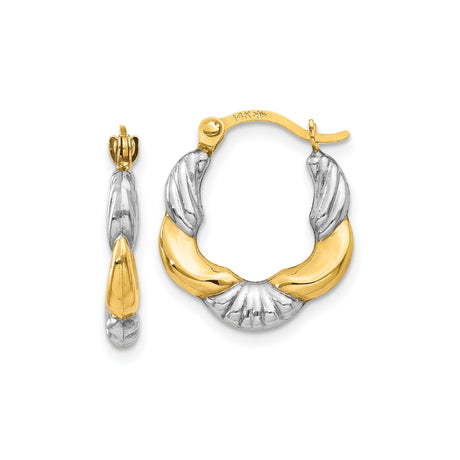 14k Yellow Gold Hoop Earrings with Twisted Design, Polished and Brushed Two-Tone Finish