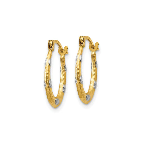 14k Yellow Gold Oval Hoop Earrings with Textured Raised Heart Design, Two-Tone Womens Jewelry