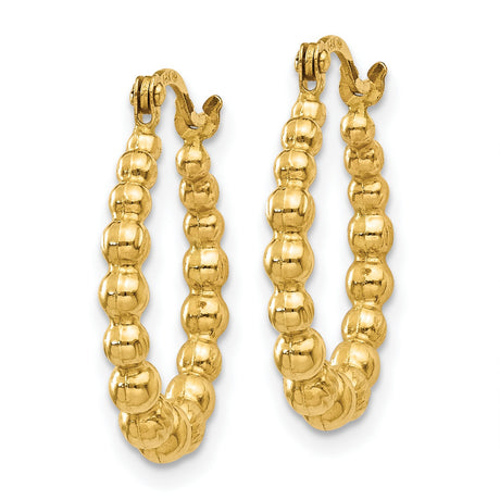 14k Yellow Gold Beaded Oval Hoop Earrings with Textured and Polished Finish