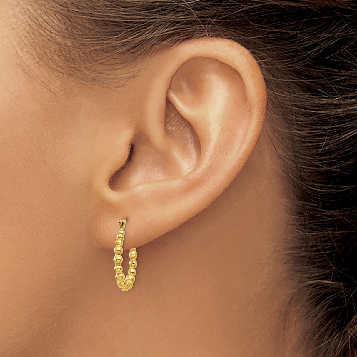 14k Yellow Gold Beaded Oval Hoop Earrings with Textured and Polished Finish