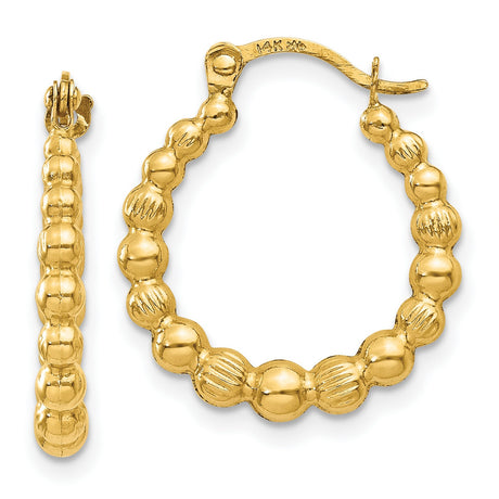 14k Yellow Gold Beaded Oval Hoop Earrings with Textured and Polished Finish