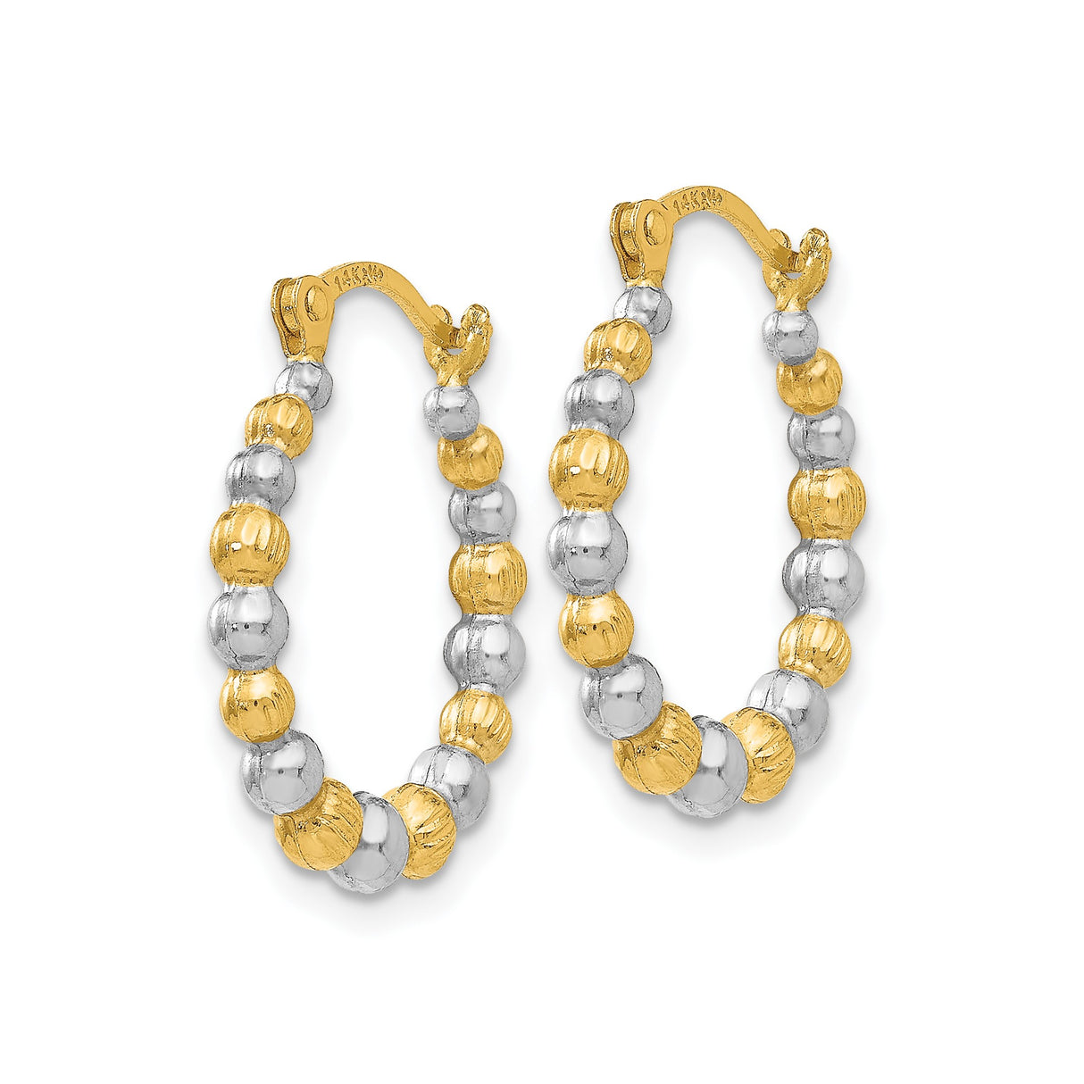 14k Yellow Gold Hoop Earrings with Rhodium Two-Tone Polished Textured Beads for Women