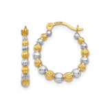 14k Yellow Gold Hoop Earrings with Rhodium Two-Tone Polished Textured Beads for Women
