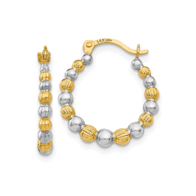 14k Yellow Gold Hoop Earrings with Rhodium Two-Tone Polished Textured Beads for Women