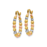 14k Tri-Color Gold Beaded Hoop Earrings, Polished Textured Hoops for Women