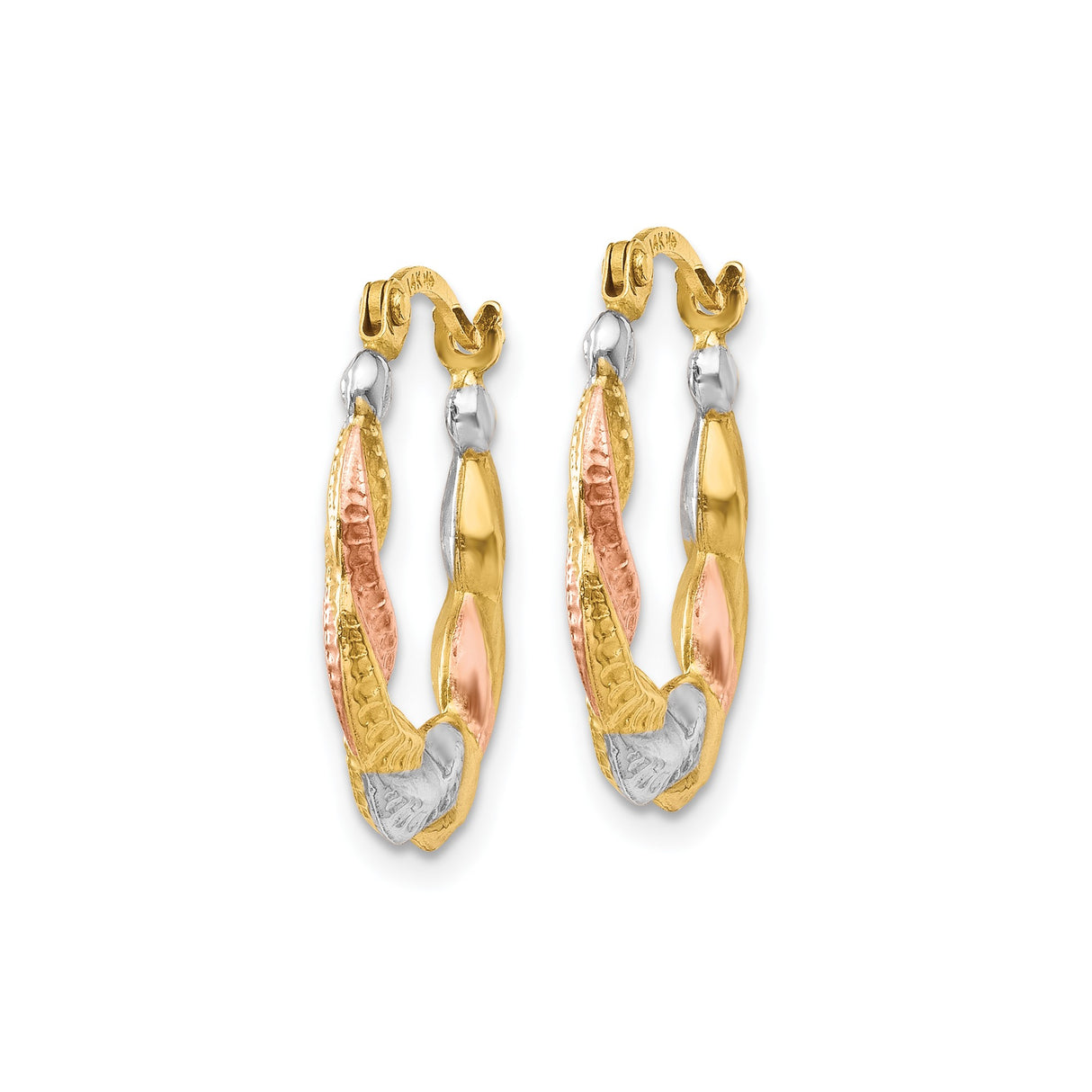 14k Tri-Color Gold Twisted Hoop Earrings with Diamond Cut Texture for Women