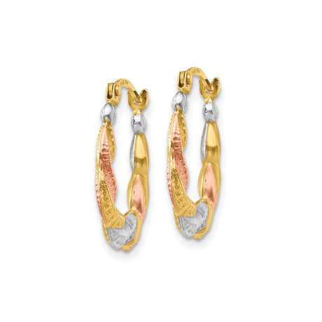 14k Tri-Color Gold Twisted Hoop Earrings with Diamond Cut Texture for Women