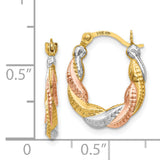 14k Tri-Color Gold Twisted Hoop Earrings with Diamond Cut Texture for Women