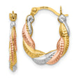 14k Tri-Color Gold Twisted Hoop Earrings with Diamond Cut Texture for Women