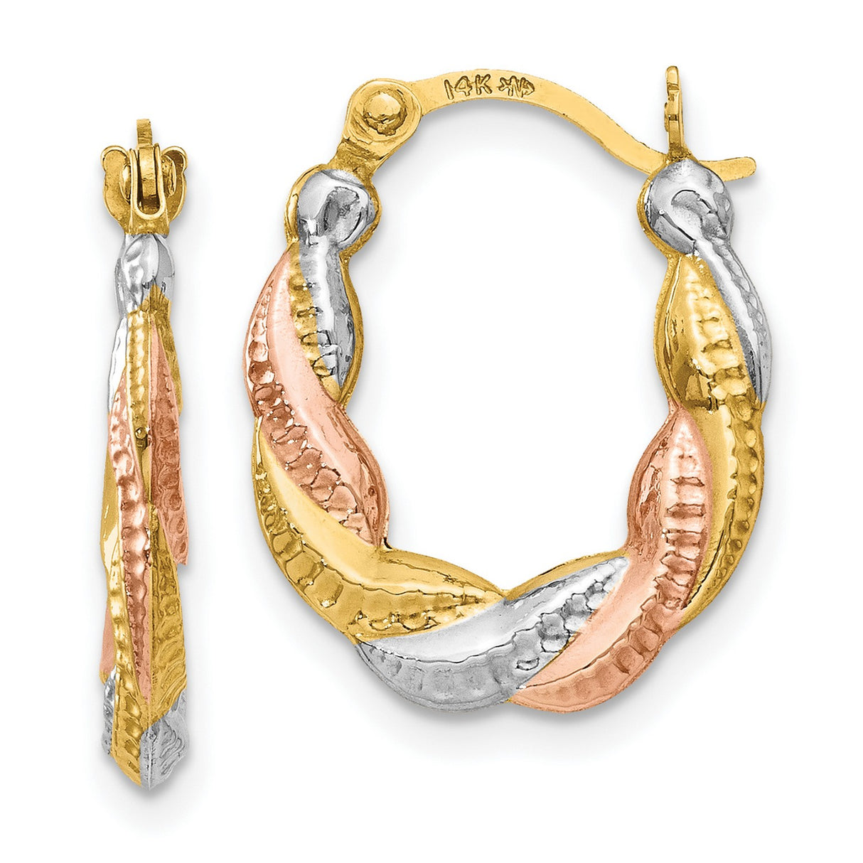 14k Tri-Color Gold Twisted Hoop Earrings with Diamond Cut Texture for Women