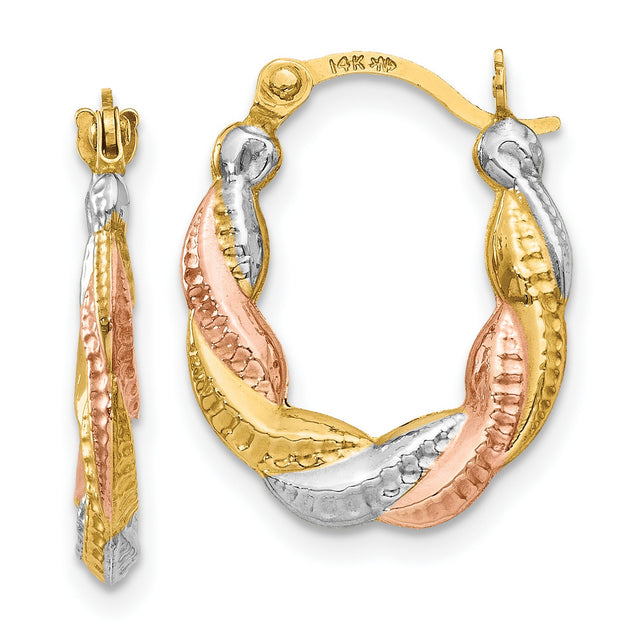 14k Tri-Color Gold Twisted Hoop Earrings with Diamond Cut Texture for Women