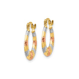 14k Tri Color Gold Hoop Earrings, Textured Round Ribbed Design for Women